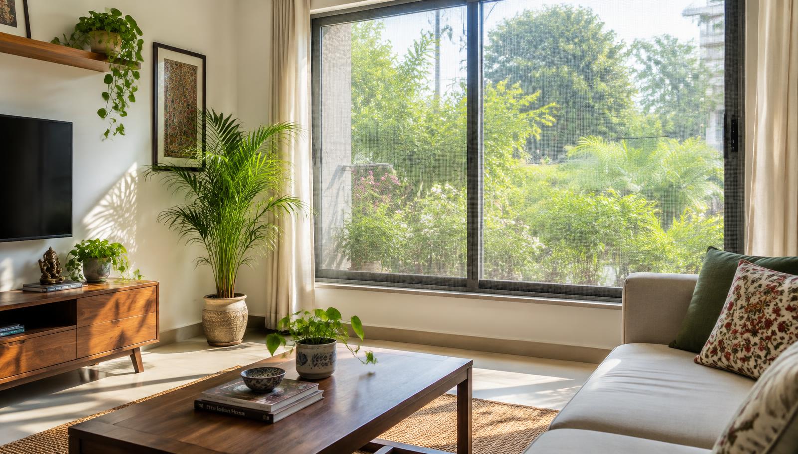 Living room window fitted with mosquito net mesh